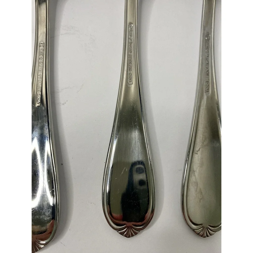 Reed & Barton Ribbon Crest Glossy Stainless Serving Spoons & Meat Fork